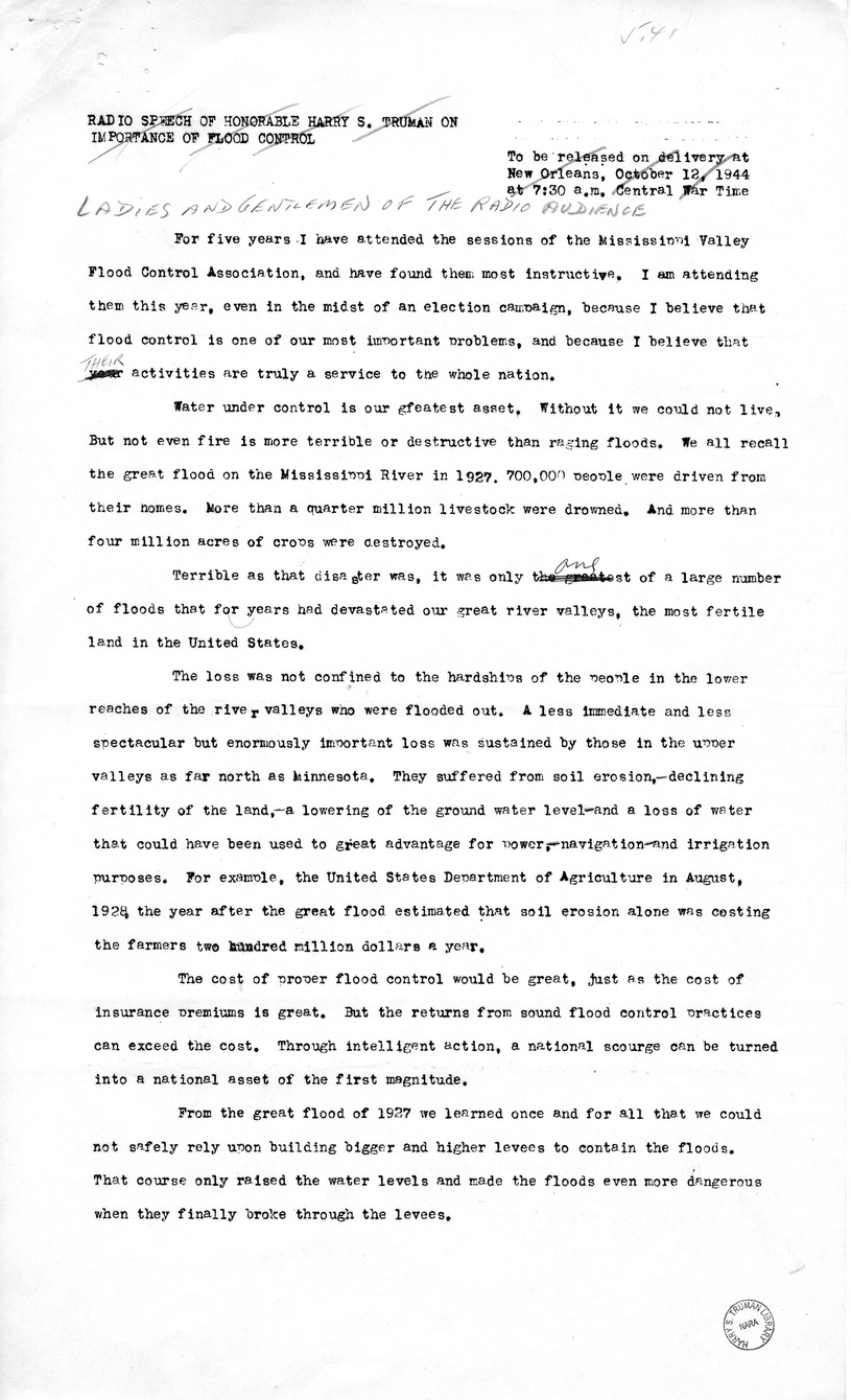 Draft of Radio Speech of Senator Harry S. Truman at New Orleans, Louisiana