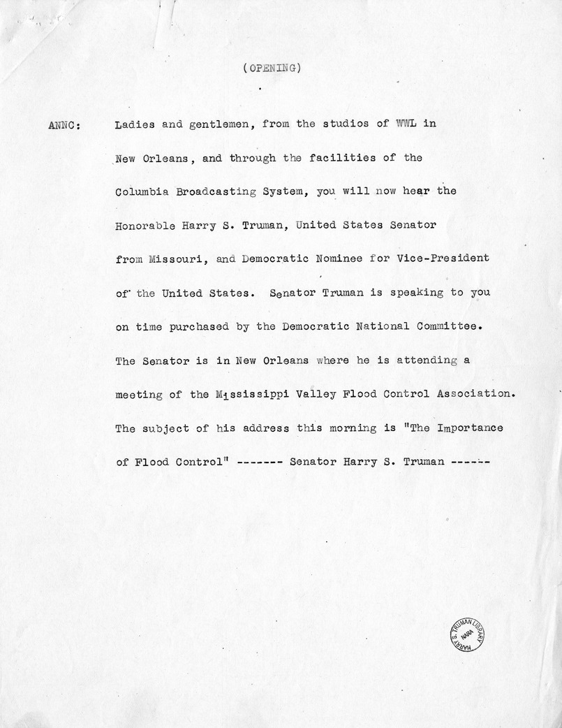 Radio Speech of Senator Harry S. Truman at New Orleans, Louisiana