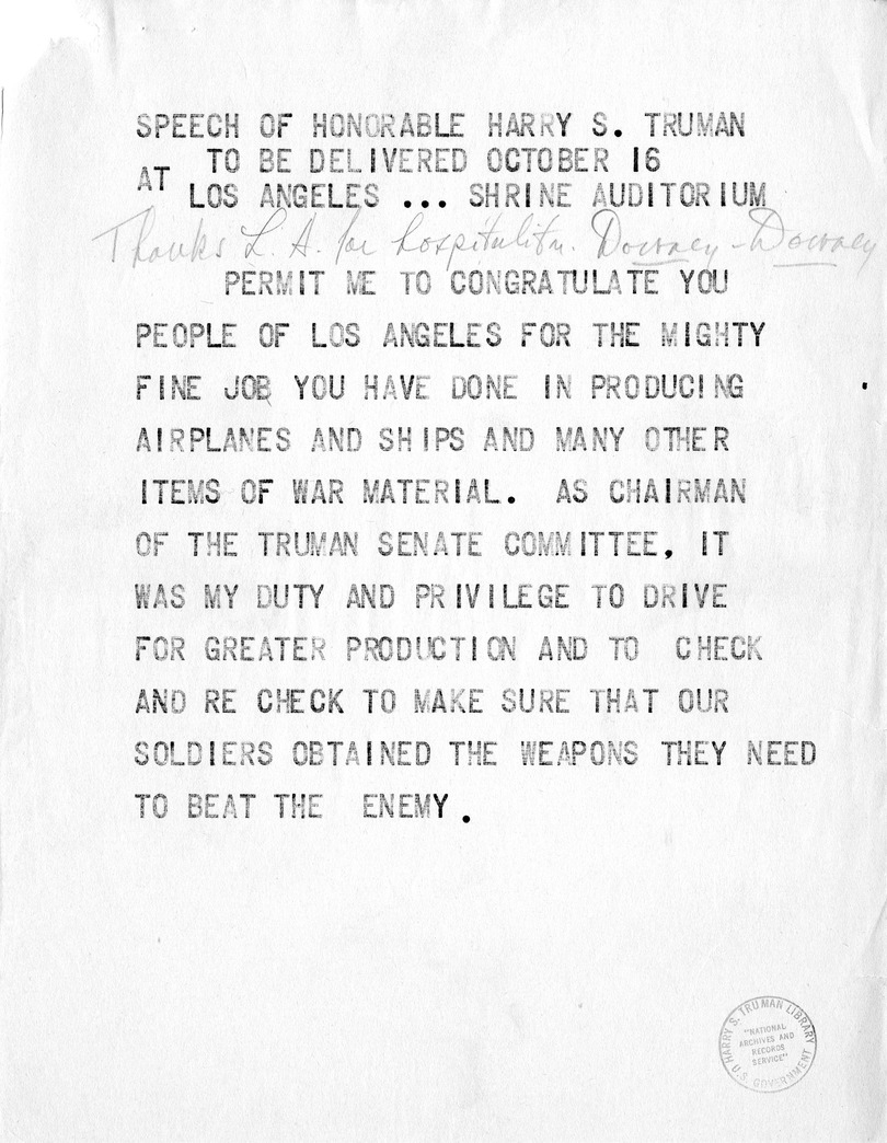 Reading Copy of Speech of Senator Harry S. Truman at the Shrine Auditorium, Los Angles, California