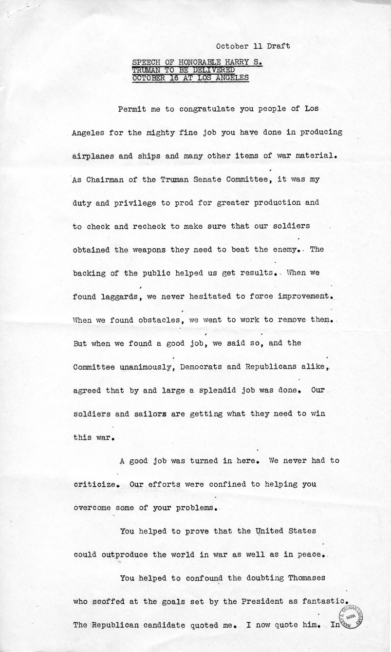 Draft Speech of Senator Harry S. Truman Delivered at the Shrine Auditorium, Los Angles, California