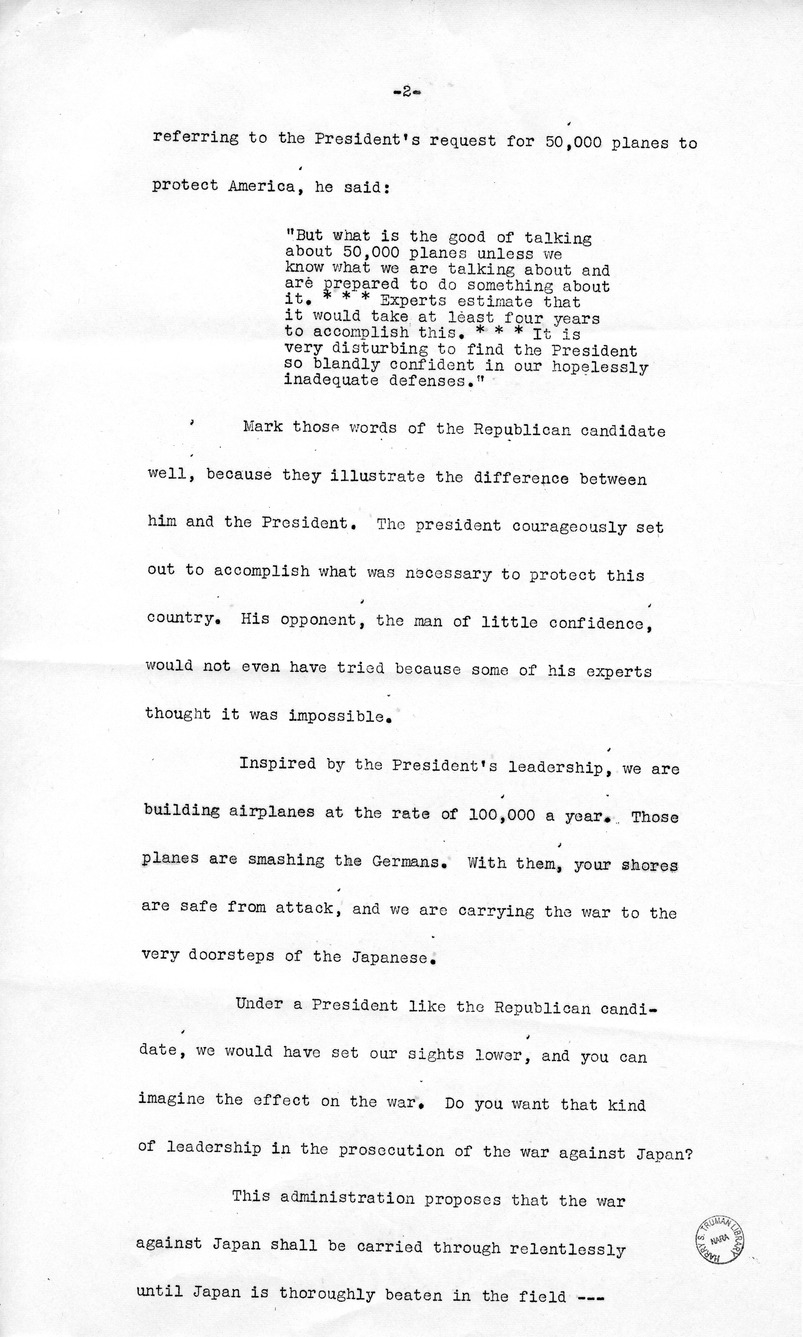 Draft Speech of Senator Harry S. Truman Delivered at the Shrine Auditorium, Los Angles, California