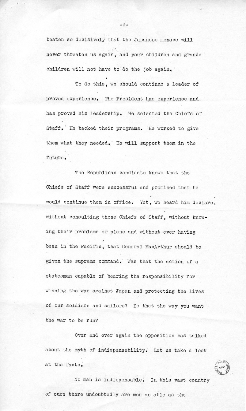 Draft Speech of Senator Harry S. Truman Delivered at the Shrine Auditorium, Los Angles, California