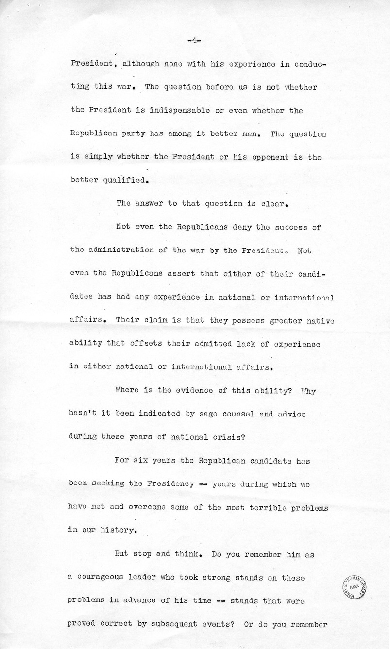 Draft Speech of Senator Harry S. Truman Delivered at the Shrine Auditorium, Los Angles, California