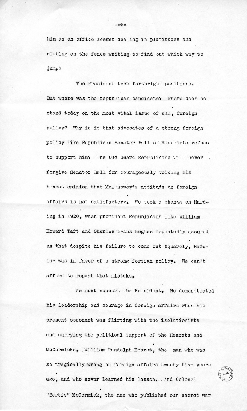 Draft Speech of Senator Harry S. Truman Delivered at the Shrine Auditorium, Los Angles, California