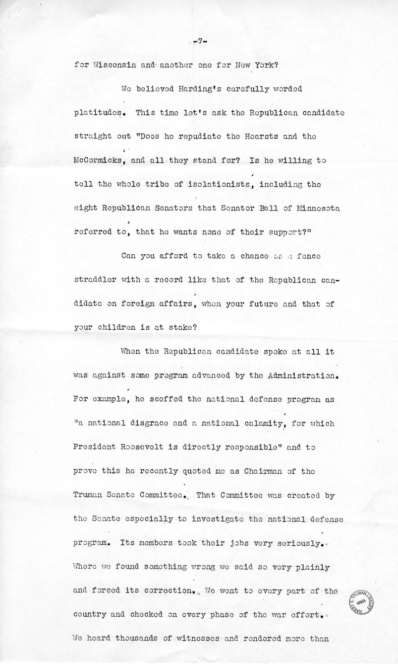 Draft Speech of Senator Harry S. Truman Delivered at the Shrine Auditorium, Los Angles, California