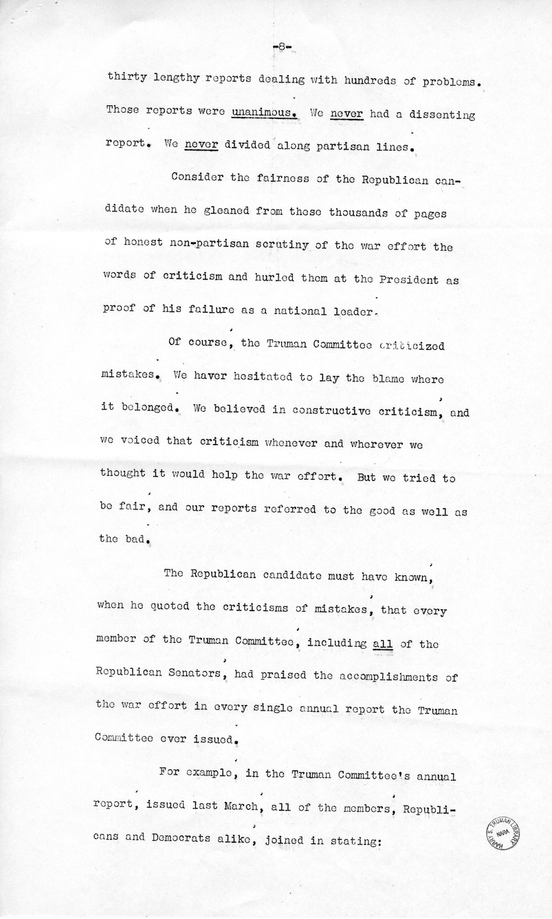 Draft Speech of Senator Harry S. Truman Delivered at the Shrine Auditorium, Los Angles, California