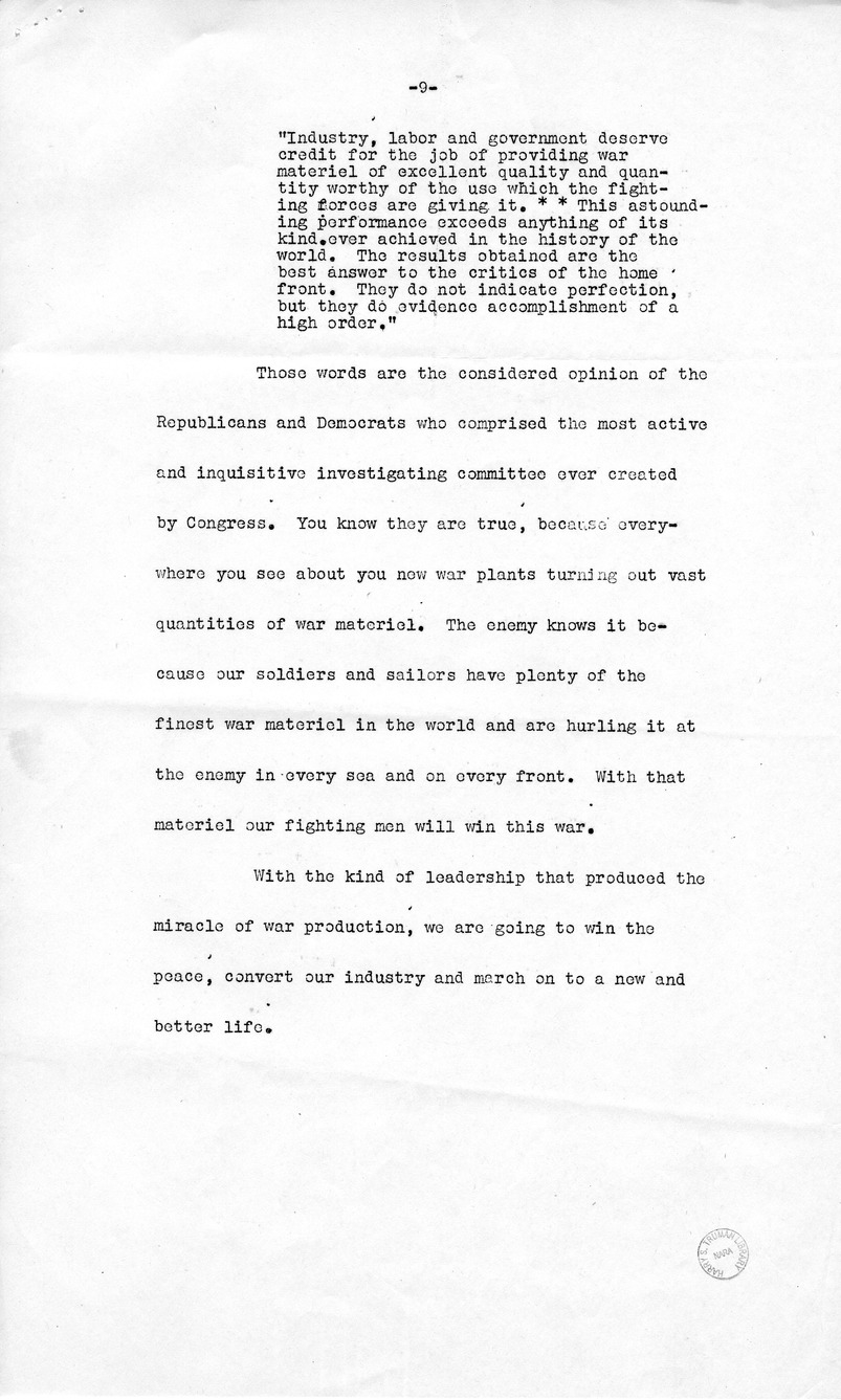 Draft Speech of Senator Harry S. Truman Delivered at the Shrine Auditorium, Los Angles, California