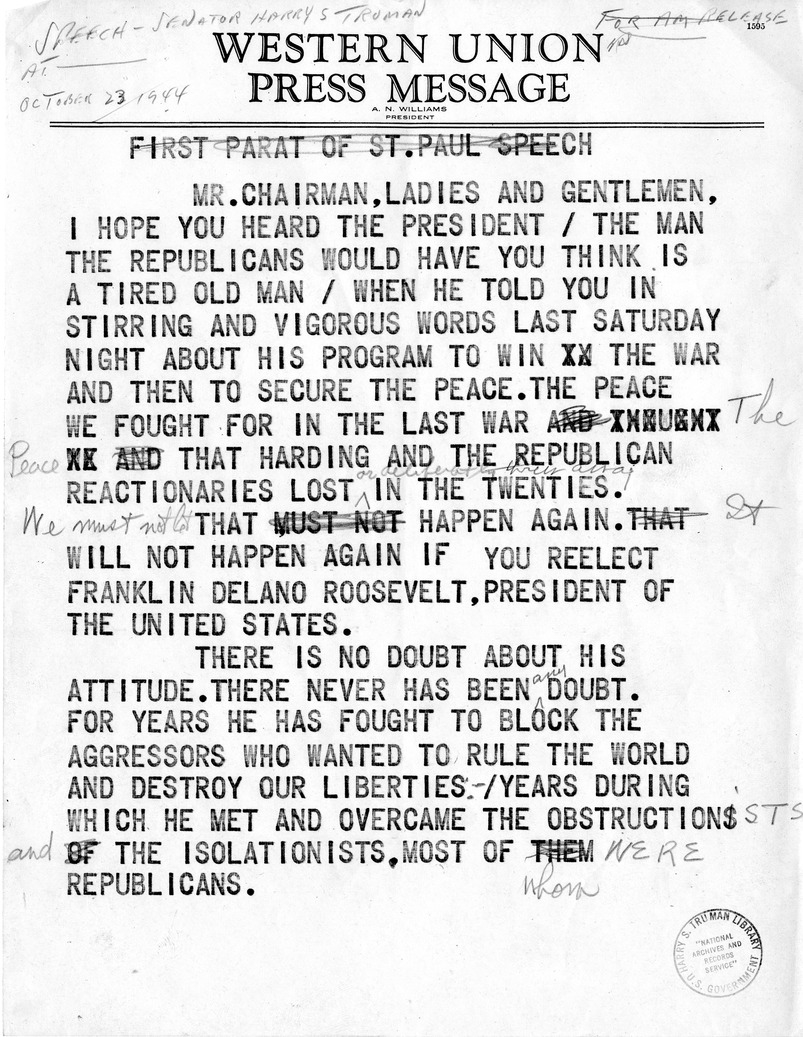 Draft speech of Senator Harry S. Truman, Democratic Candidate for Vice President, at Minneapolis, Minnesota