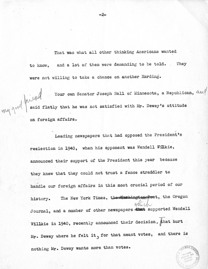 Draft speech of Senator Harry S. Truman, Democratic Candidate for Vice President, at Minneapolis, Minnesota