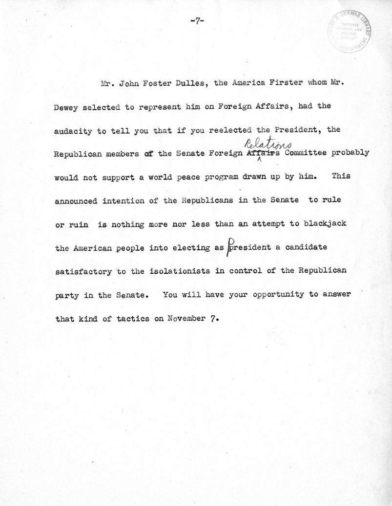 Draft speech of Senator Harry S. Truman, Democratic Candidate for Vice President, at Minneapolis, Minnesota