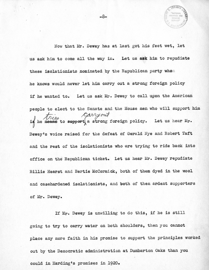 Draft speech of Senator Harry S. Truman, Democratic Candidate for Vice President, at Minneapolis, Minnesota