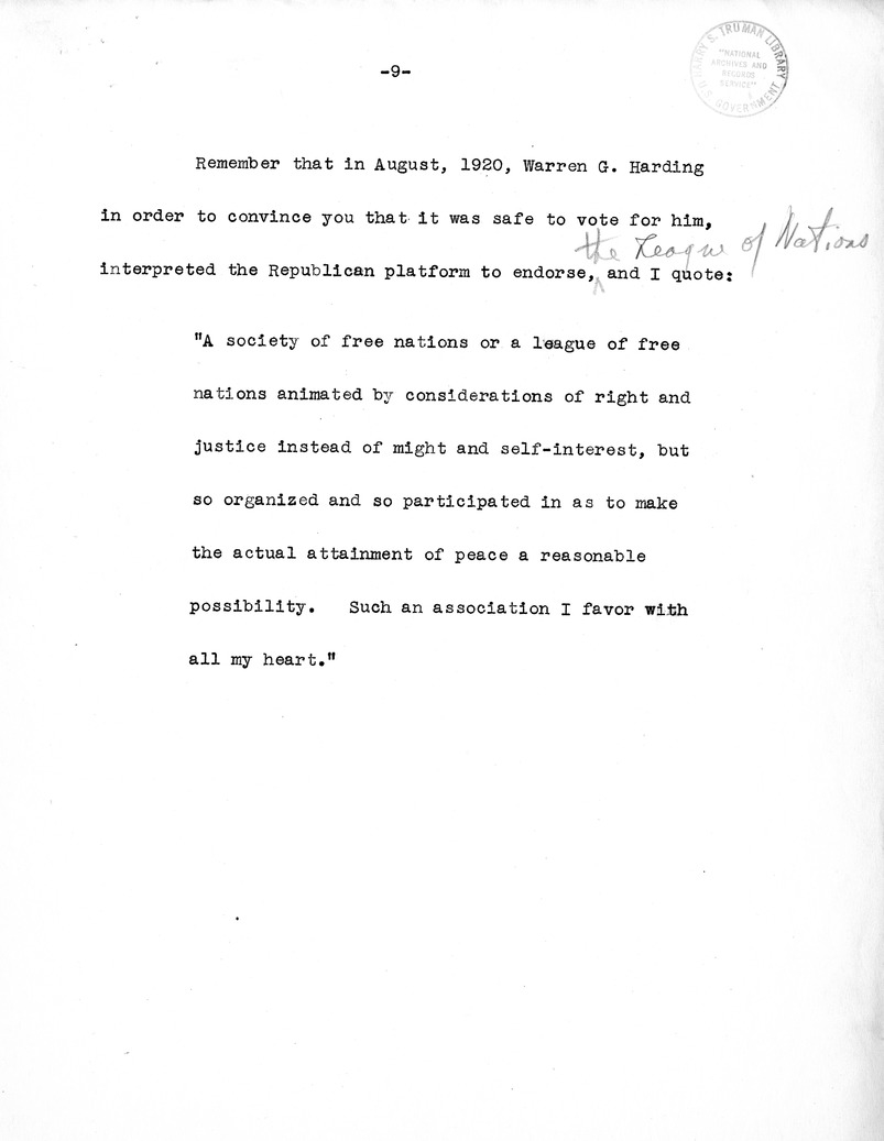 Draft speech of Senator Harry S. Truman, Democratic Candidate for Vice President, at Minneapolis, Minnesota