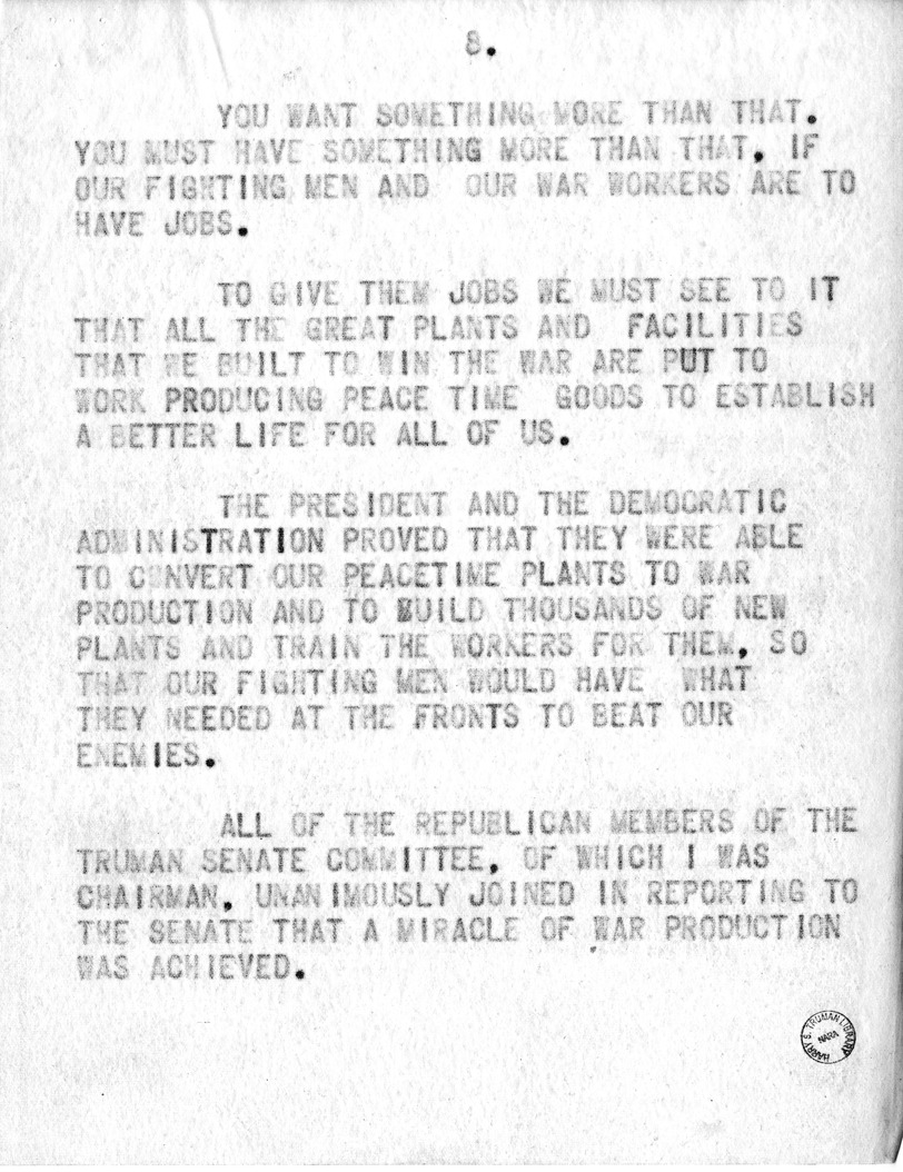 Draft Speech of Senator Harry S. Truman, Democratic Candidate for Vice President, at Pittsburgh, Pennsylvania