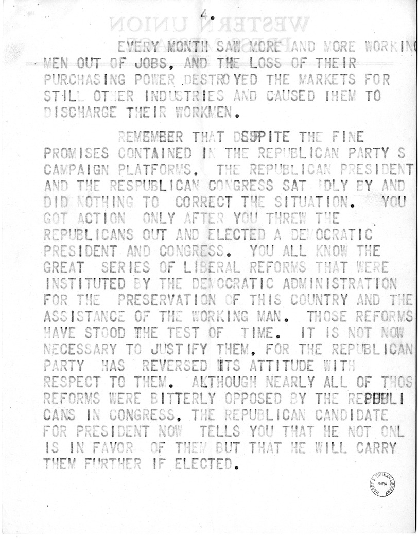 Draft of Speech of Senator Harry S. Truman, Democratic Candidate for Vice President at Pittsburgh, Pennsylvania