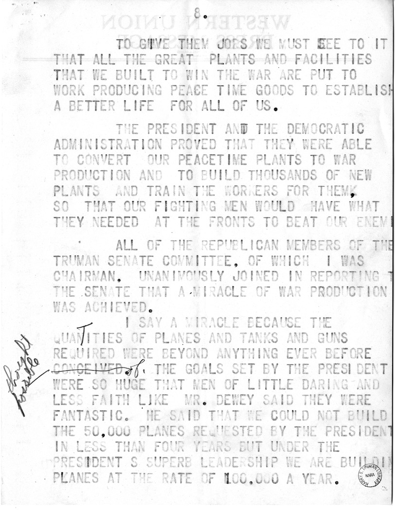 Draft of Speech of Senator Harry S. Truman, Democratic Candidate for Vice President at Pittsburgh, Pennsylvania