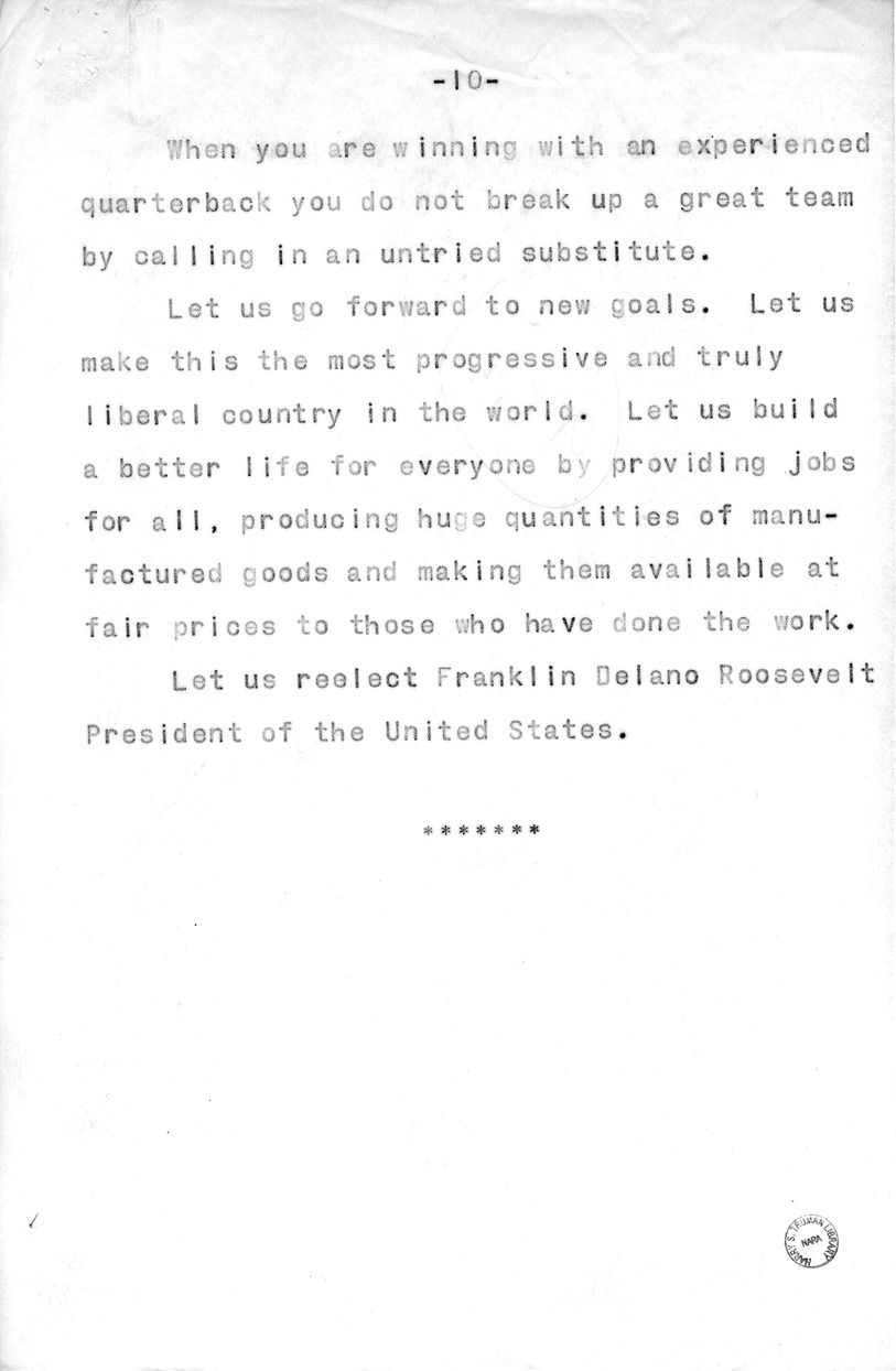 Draft of Radio Speech of Senator Harry S. Truman, Democratic Candidate for Vice President, at Pittsburgh, Pennsylvania