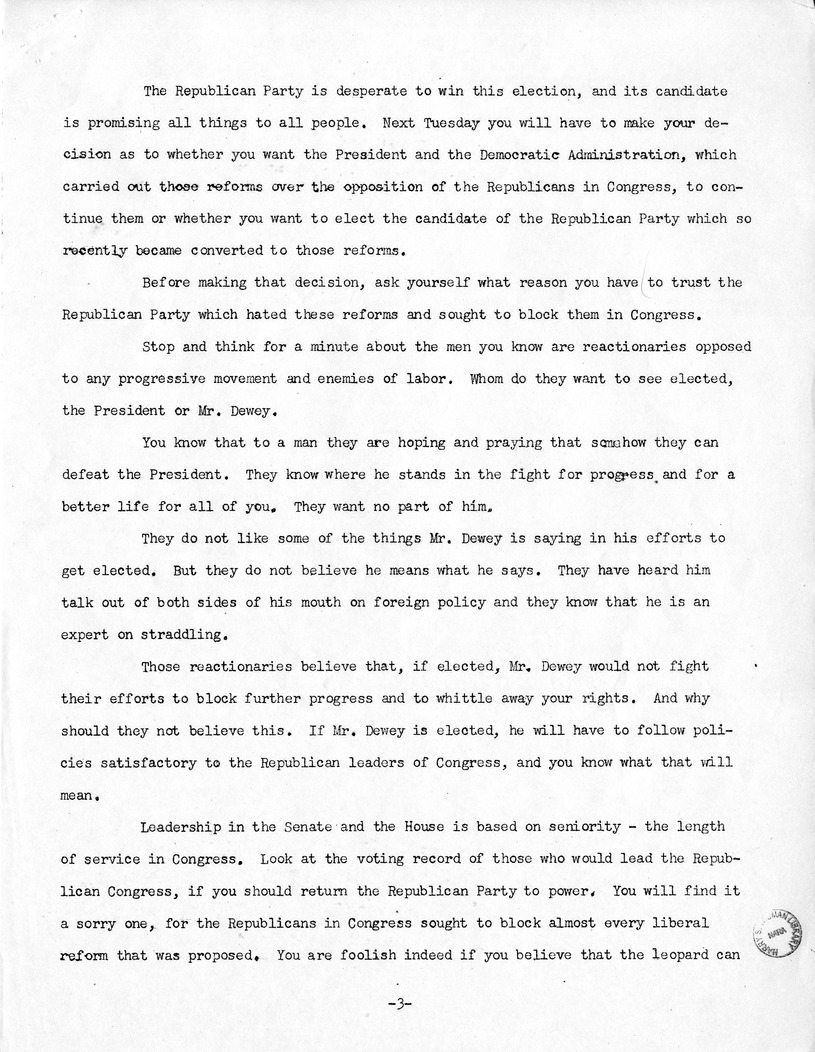 Press Release of Speech of Senator Harry S. Truman, Democratic Candidate for Vice President, at Pittsburgh. Pennsylvania