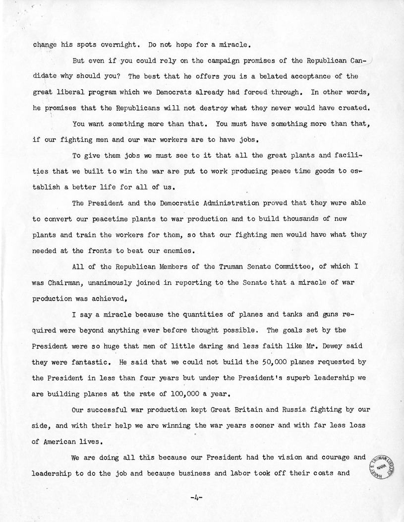 Press Release of Speech of Senator Harry S. Truman, Democratic Candidate for Vice President, at Pittsburgh. Pennsylvania