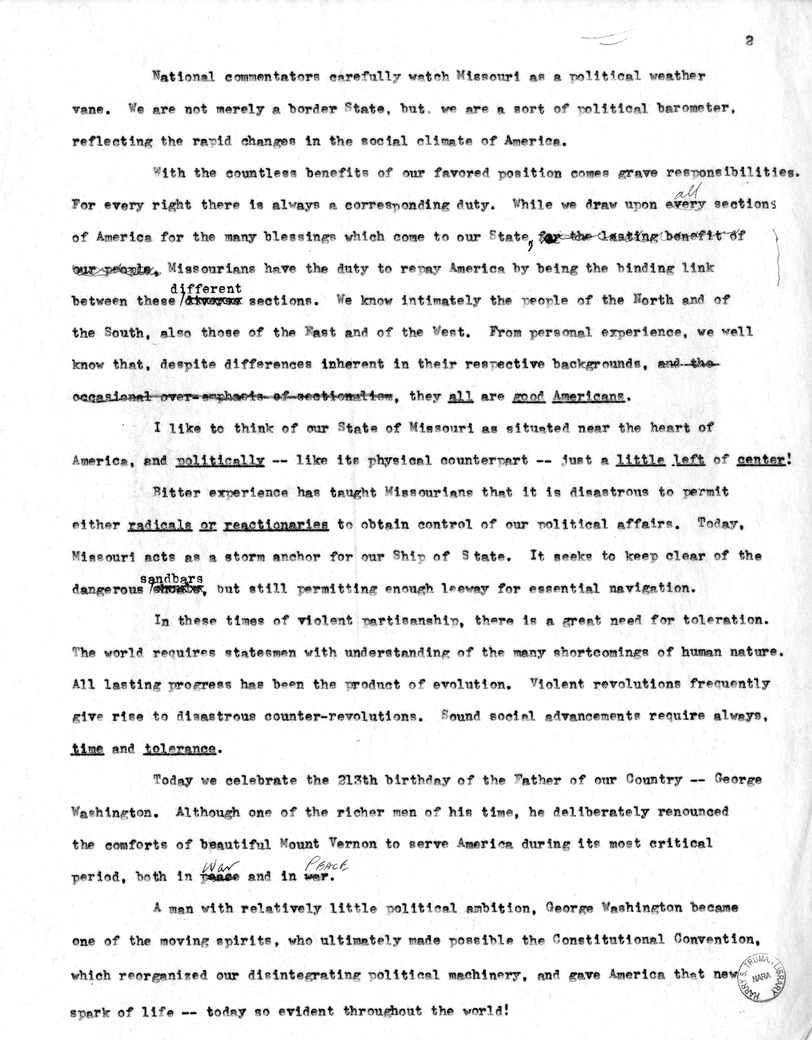 Draft of Suggested Speech of Vice President Harry S. Truman at Jefferson City, Missouri