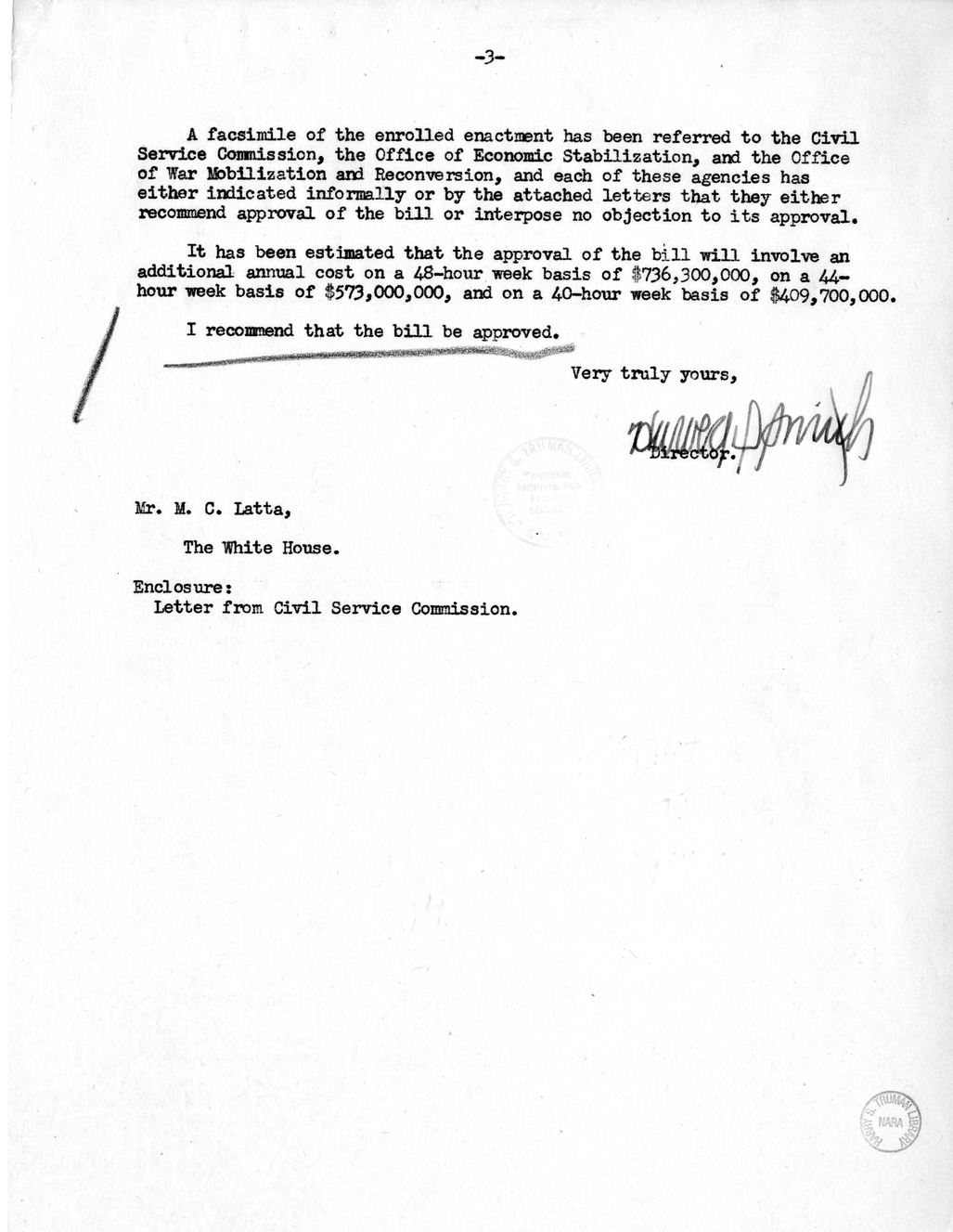 Memorandum from Harold D. Smith to M. C. Latta, S. 807, To Improve Salary and Wage Administration in the Federal Service, and Other Purposes, with Attachments