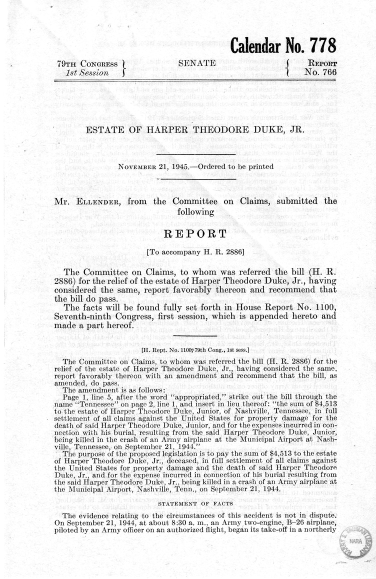 Memorandum from Frederick J. Bailey to M. C. Latta, H.R. 2886, For the Relief of the Estate of Harper Theodore Duke, Junior, with Attachments