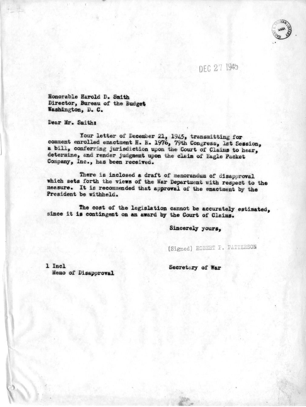 Memorandum from Harold D. Smith to M. C. Latta, H. R. 1976, Conferring Jurisdiction Upon the Court of Claims to Hear, Determine, and Render Judgment Upon the Claim of Eagle Packet Company, Incorporated, with Attachments