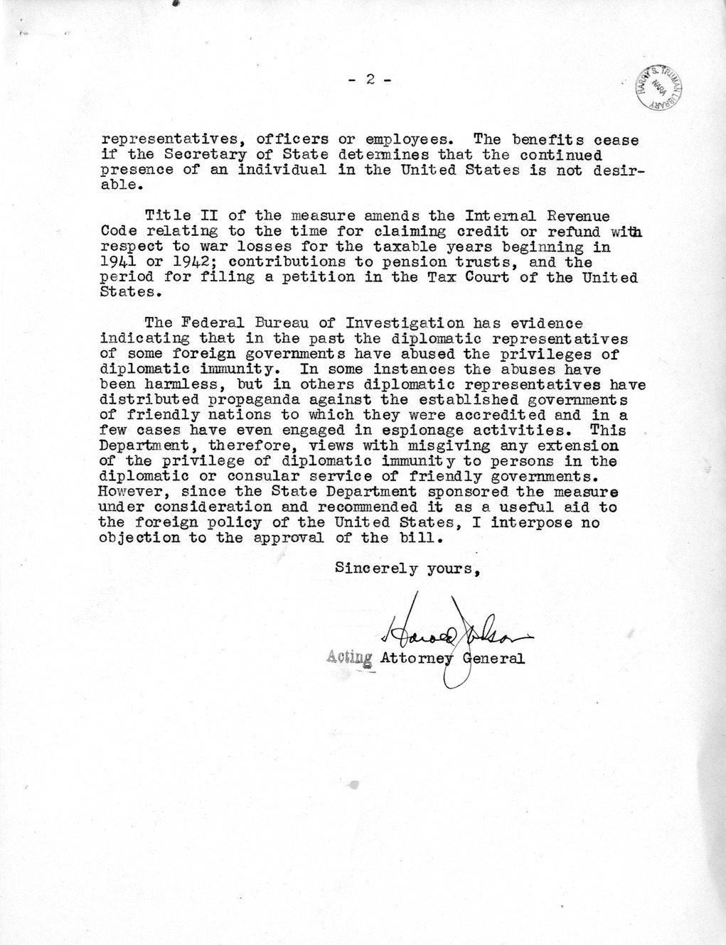 Memorandum from Harold D. Smith to M. C. Latta, H. R. 4489, To Extend Certain Privileges, Exemptions, and Immunities to International Organizations and to the Officers and Employees Thereof, with Attachments