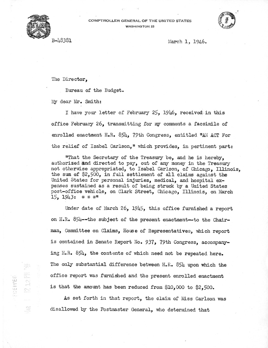 Memorandum from Harold D. Smith to M. C. Latta, H. R. 854, For the Relief of Isabel Carlson, with Attachments