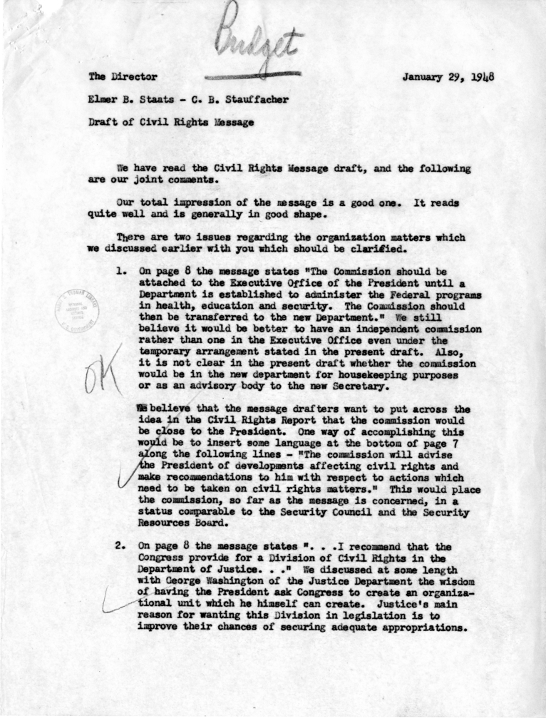 Memorandum from Elmer B. Staats and C. B. Stauffacher