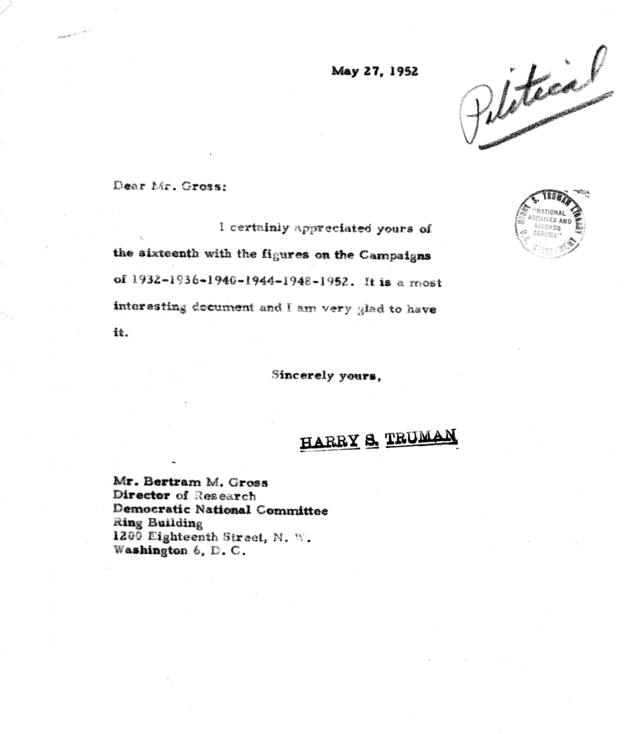 Correspondence between Bertram M. Gross to Harry S. Truman, with attachment