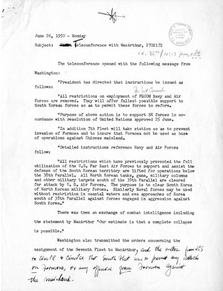 Notes Regarding June 26, 1950 Teleconference with General Douglas MacArthur