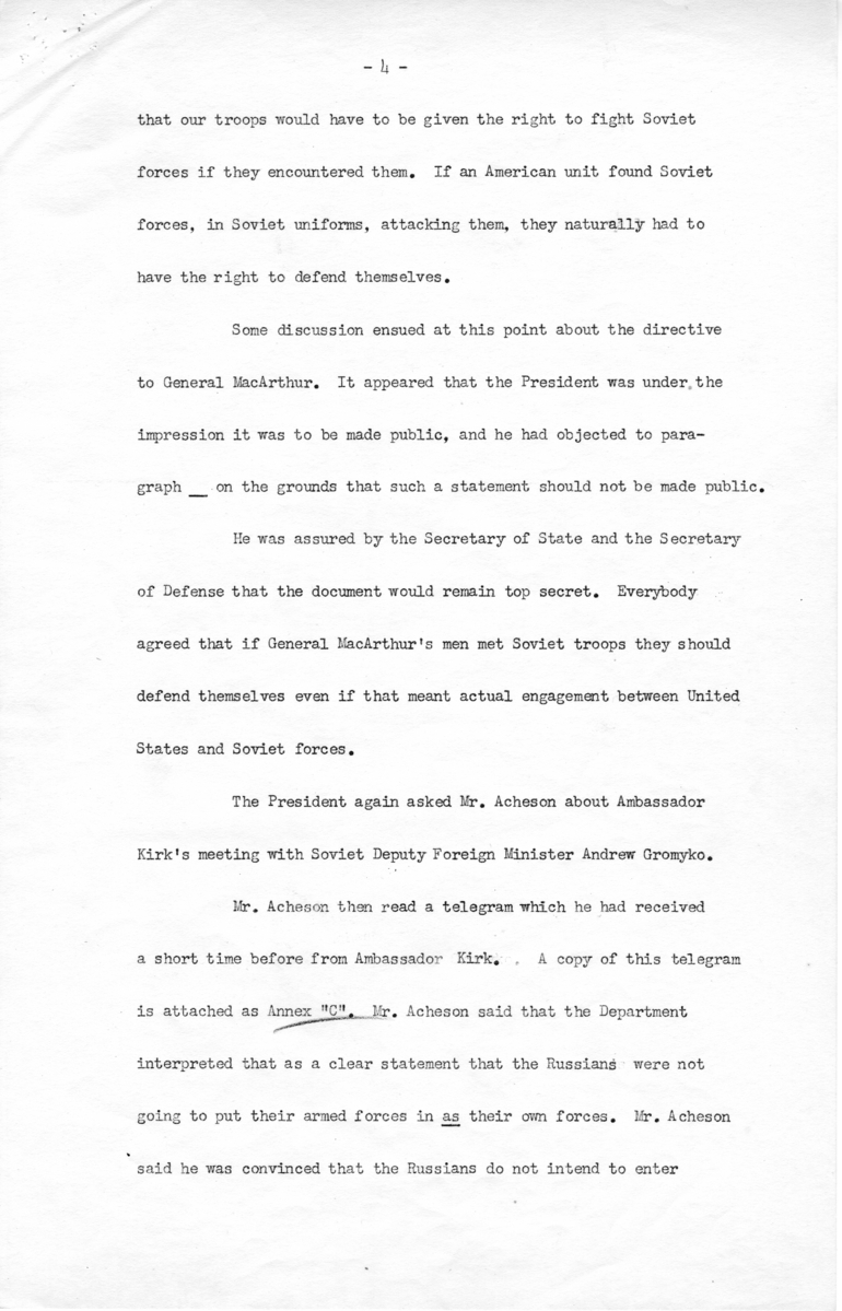 Notes Regarding President Truman&#039;s June 29, 1950 Meeting