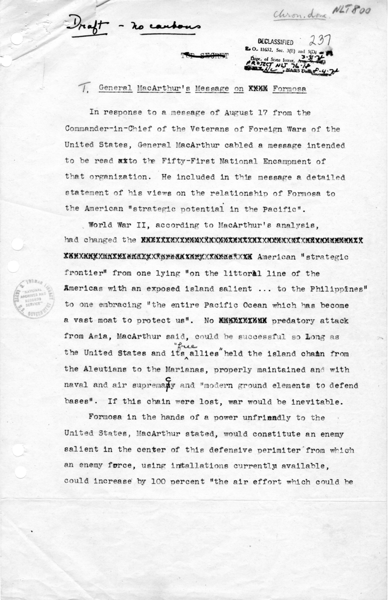 Draft Report Regarding General MacArthur&#039;s Message on Formosa