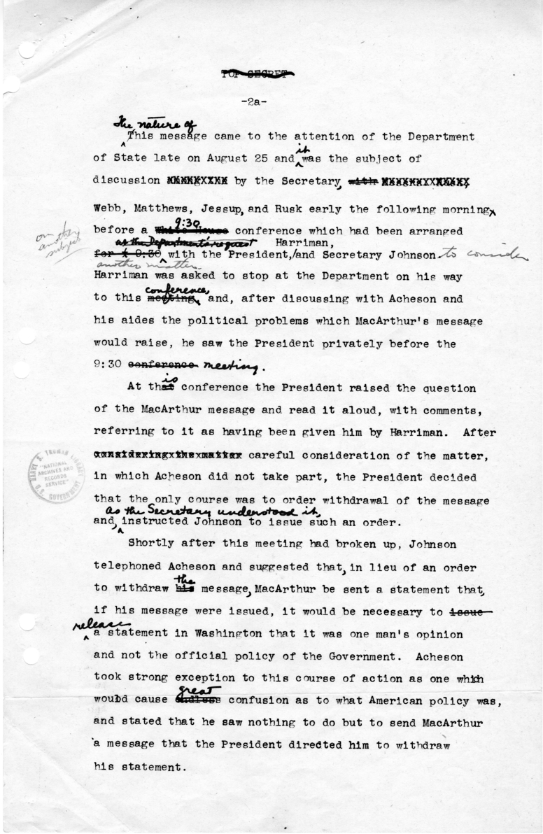 Draft Report Regarding General MacArthur&#039;s Message on Formosa