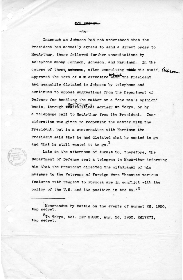 Draft Report Regarding General MacArthur&#039;s Message on Formosa