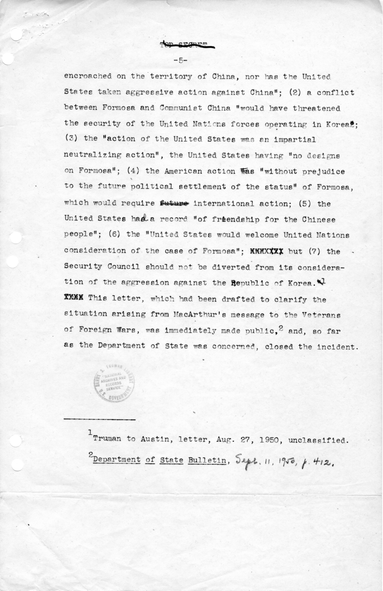 Draft Report Regarding General MacArthur&#039;s Message on Formosa