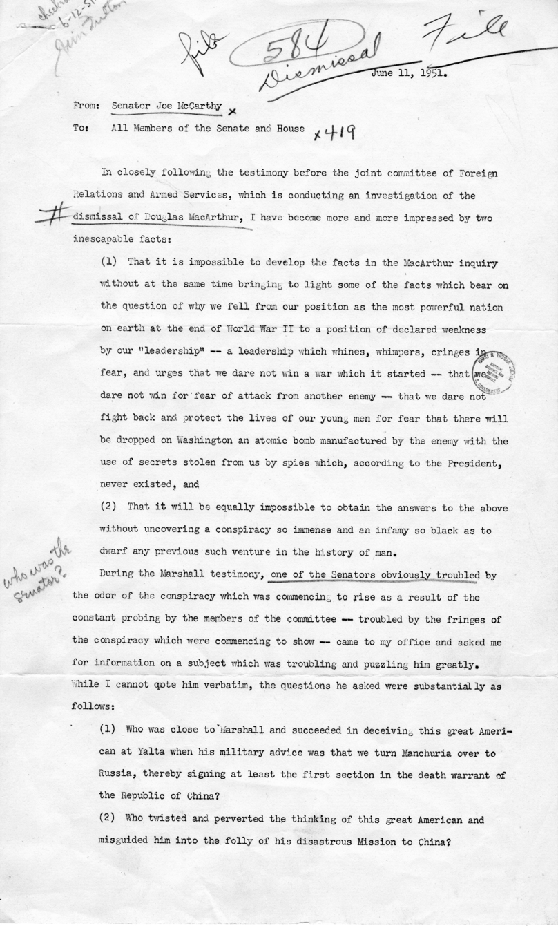 Press Release, Joseph McCarthy to Congress