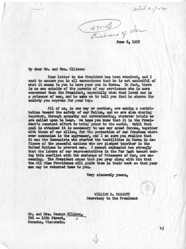 Mr. and Mrs. Ellison to Harry S. Truman With Reply From William D. Hassett