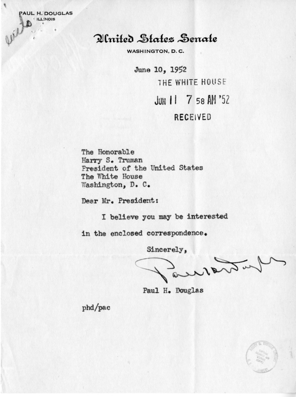 Correspondence Between Paul Douglas and Harry S. Truman, With Attachments