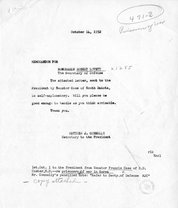 Francis Case to Harry S. Truman With Reply From Robert A. Lovett