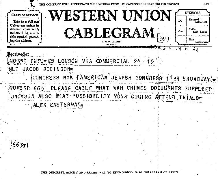 Telegram from Jacob Robinson to A. L. Easterman