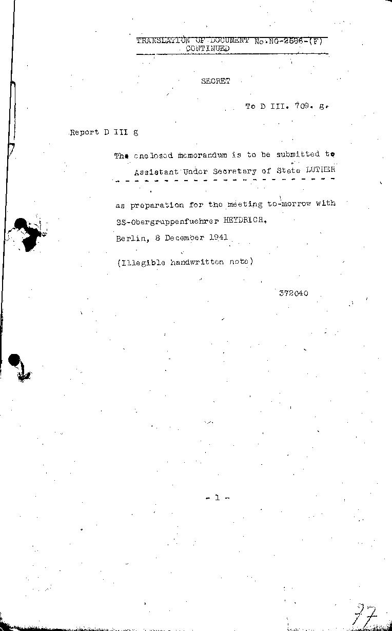 Translation of the Document No. NG-2586 (F), \"Memorandum from Luther, Under Secretary of State, to Reinhard Heydrich, Berlin, December 8, 1941\"