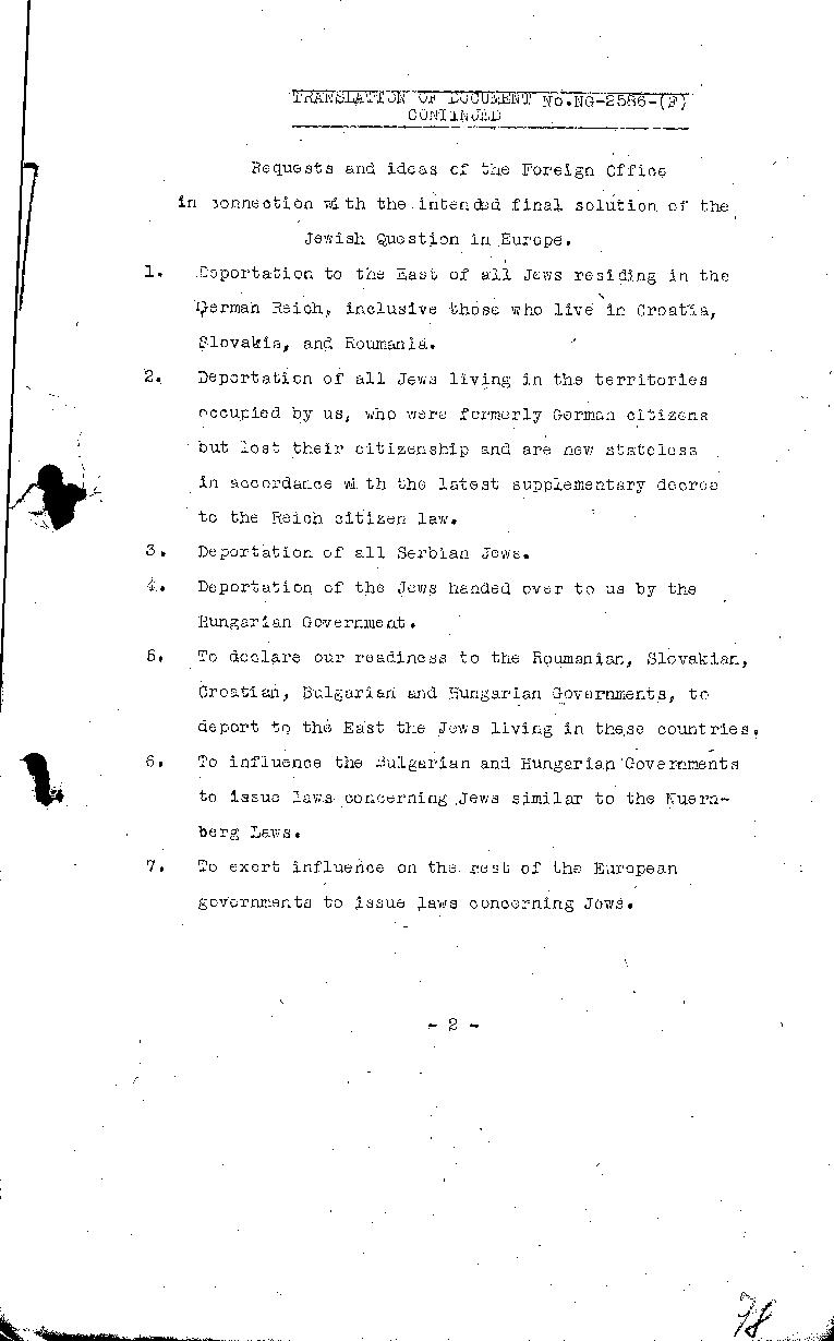 Translation of the Document No. NG-2586 (F), \"Memorandum from Luther, Under Secretary of State, to Reinhard Heydrich, Berlin, December 8, 1941\"