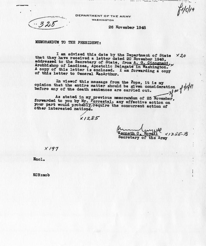 Letter from Kenneth Royall to Harry S. Truman, accompanied by related material