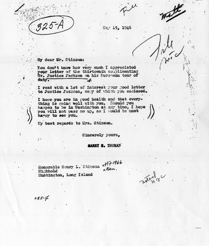 Correspondence between Henry Stimson and Harry S. Truman, accompanied by a copy of a letter from Henry Stimson to Robert Jackson