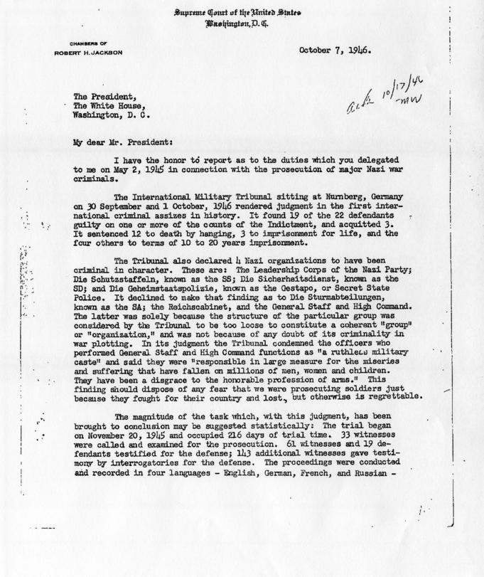 Correspondence between Harry S. Truman and Robert Jackson accompanied by related correspondence