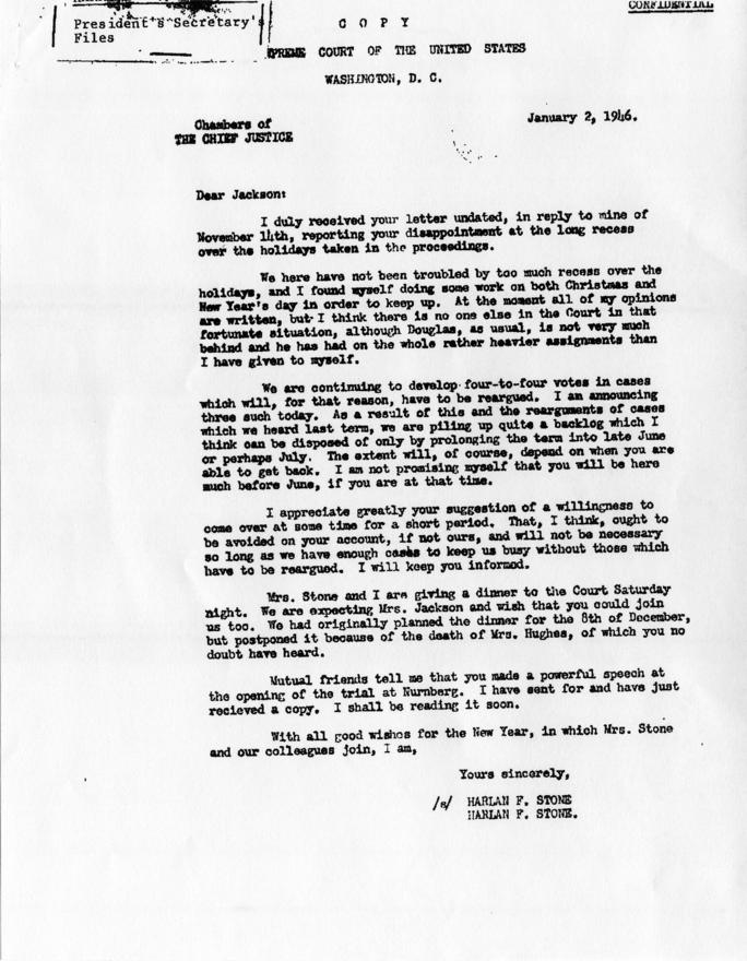 Letter from Robert Jackson to Harry S. Truman, accompanied by related correspondence