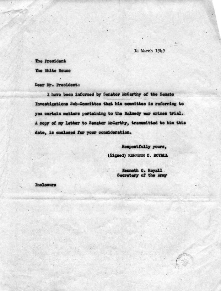 Letter from Kenneth Royall to Harry S. Truman, accompanied by related materials