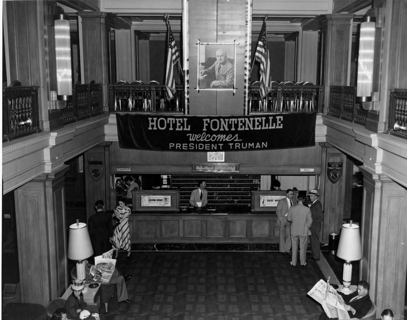 Lobby of Hotel Fontenelle with sign for President Truman | Harry S