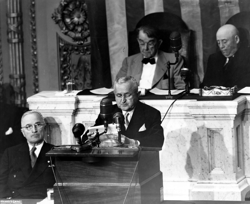 Photo of President Eurico Gasper Dutra of Brazil speaking before a ...